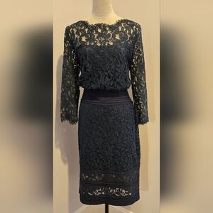 Tadashi Shoji navy blue lace midi long sleeve dress hourglass banding sz 14